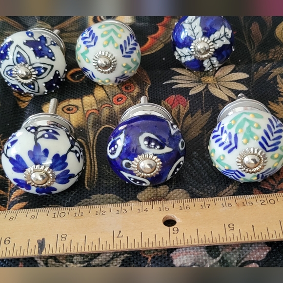6 Mileh Hand painted Ceramic drawer pulls. Blue.. New. Very Pretty - Picture 1 of 7